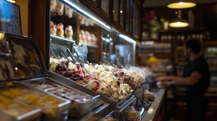 Delicious gelato displayed in a traditional Italian gelateria with a worker in the background.