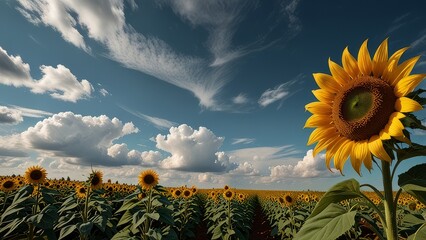 Golden Sunflower Field Under Dramatic Cloudy Sky – Stunning Nature Landscape