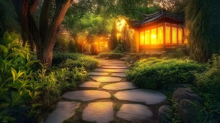Obraz premium Serene Sunset Garden Path Stone Pathway Leading to Illuminated Pavilion