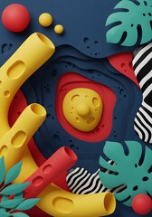 Whimsical abstract composition featuring rounded shapes, layered paper textures, and vibrant color gradients, evoking a playful sense of modern design and artistic depth