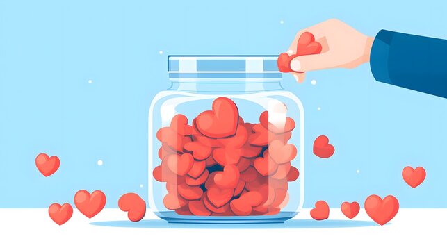 Altruistic gesture by putting heart in donation jar. Hand donating to charity for help and support