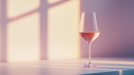 Rose wine in a delicate glass, with soft pink reflections, minimalist studio lighting. generative ai