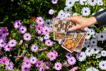 A hand with blue nails holds four tarot cards over purple daisies, including the Seven of Cups with floating chalices and cloudy imagery; tarot cards.
