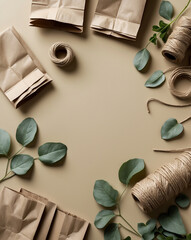 Eco-Friendly Flatlay with Kraft Paper Bags, Twine, and Green Leaves — Symbol of Sustainable Living and Natural Charm