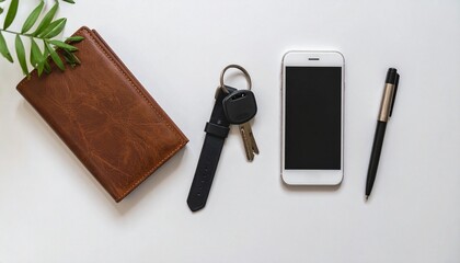 A flat lay of essential everyday items: keys, wallet, phone, and a pen, all neatly arranged – Minimalist Living
