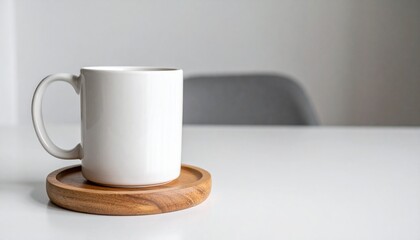 A single ceramic mug on a wooden coaster, placed on a bare tabletop – Minimalist Living
