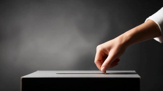 Close-up of hand placing ballot into generic vote box against muted gray background.  Electoral process and civic duty being demonstrated.