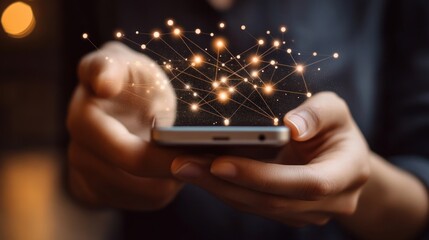 Person using smartphone, glowing network connection.