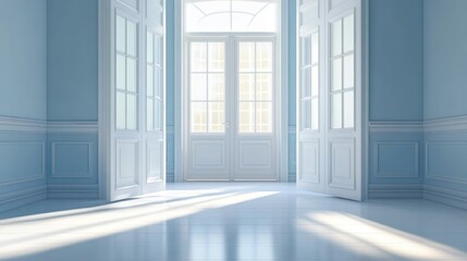 Sunlit empty room with blue walls, white doors and French windows.
