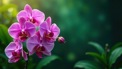 Naklejka premium Vibrant exotic orchids, lush green foliage, tropical backdrop, surface pattern, graphic