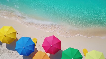 Vibrant colorful beach umbrellas line a pristine white sand beach next to a calm turquoise ocean creating a perfect summer vacation paradise scene.