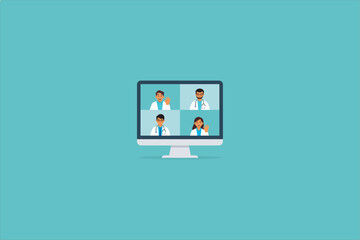 Medical video conference. Online doctors meeting with computer app, web consultation. Internet working webinar with hospital specialist. Telemedicine diagnosis medic advice telehealth vector concept.