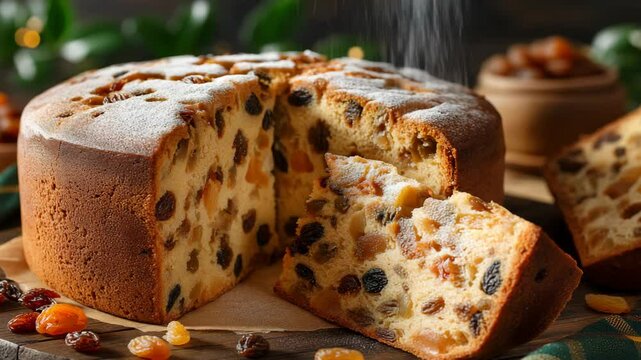 Freshly baked fruit cake with candied fruits, raisin and sprinkling sugar powder on the top, served on a brown wooden table.