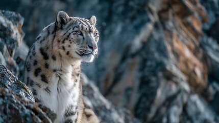 Fototapeta premium Snow leopard gazes from rocky perch