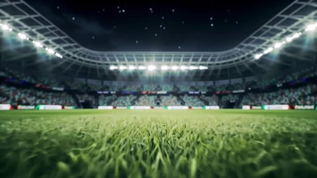 Empty stadium at night with vivid lighting and green grass field