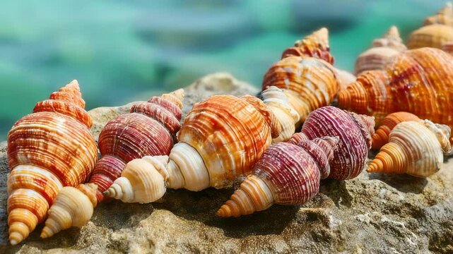 Arrangement of colorful spiral seashells on a rock with turquoise water in the background, showcasing shell patterns and seaside ambiance.