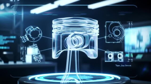 Holographic piston design visualisation in futuristic technology setting