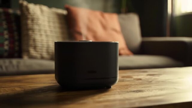 Modern gray device on wooden coffee table in cozy living room