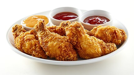 Crispy fried chicken pieces with dipping sauces on a plate.