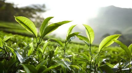 Obraz premium Vibrant Green Tea Leaves in Lush Plantation Sunlight