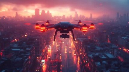Obraz premium Drone with glowing lights hovering over a distant cityscape during twilight, above blurred roads and traffic, urban scene. on a transparent background, PNG image, PNG file.