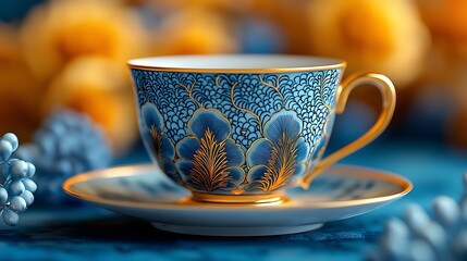 Fototapeta premium Blue And Gold Tea Cup With Floral Design High Resolution Photo