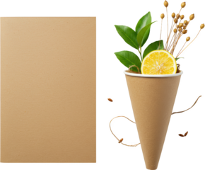 Eco Friendly Paper Cone with Lemon Greenery Dried Flowers Blank Kraft Paper Card Mockup