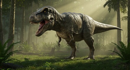 Fototapeta premium Tyrannosaurus Rex Standing in Misty Forest with Sun Rays
