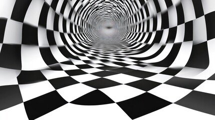 Abstract black and white checkered tunnel receding to a light.
