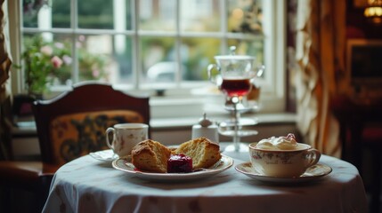 Afternoon tea setting with scones, jam, cream, tea, and antique teacups on a table by a window.