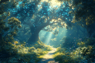 Enchanted rainforest with bioluminescent moss, giant trees & sun rays. Perfect for fantasy book covers, nature-themed designs, mystical event promotions & magical realism art.