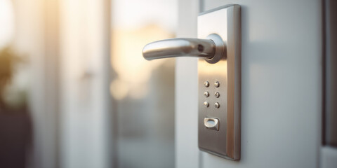 Naklejka premium A modern door handle with a keypad is shown on a door, illuminated by natural light. Security technology concept