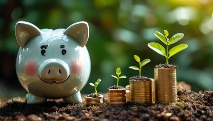 Financial growth action piggy bank and coin plants natural setting close-up view wealth concept for prosperity