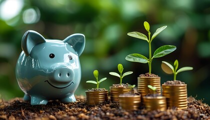 Investment growth strategies exploring financial success with piggy bank and plants in nature