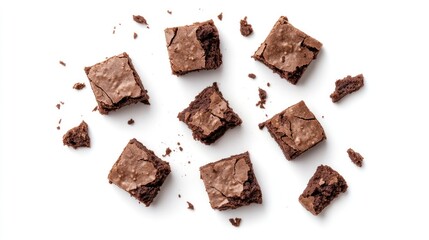Delicious chocolate brownies, broken pieces scattered on white background.