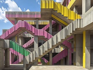 Fototapeta premium Abstract concrete stairway design with pink, green and yellow details