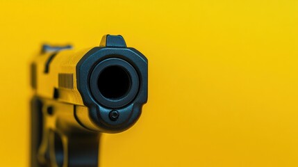 Close-up of gun barrel against yellow background.