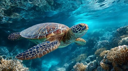 Obraz premium Underwater sea turtle swimming amidst vibrant coral reef