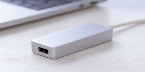 Fototapeta premium A metallic rectangular adapter is placed on a desk next to a laptop. Technology, connectivity, modern workspace