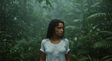 Naklejka premium Woman in Rain Wet T-shirt in Lush Green Tropical Forest