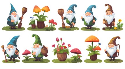 Fototapeta premium Colorful Garden Dwarfs and Cartoon Elf in a Fantasy Game Setting for Magical Gnom Artwork