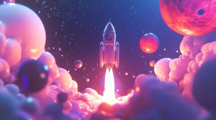 Fototapeta premium Rocket launching through vibrant nebula, surrounded by colorful planets and cosmic clouds.