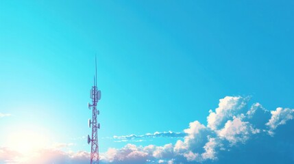 Obraz premium Telecommunication tower against a vibrant blue sky with fluffy clouds.