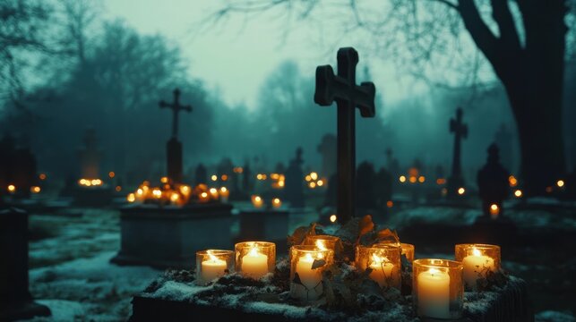 Mystic ambiance: Graveyard illuminated by candlelight and religious symbols in twilight