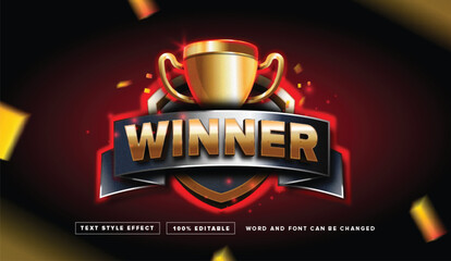 Text effect editable vector graphic of the winner with gold trophy, perfect for movie title, poster title, banner title, winner announcement etc.