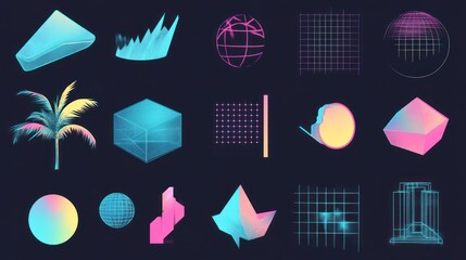 Retro futuristic geometric shapes, 3D objects, and graphic elements collection.