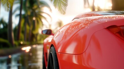 Red sports car parked near palm trees at sunset.