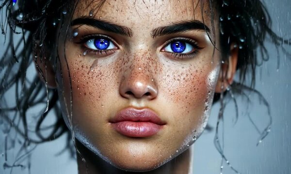 Dramatic portrait of wet woman with intense blue eyes in rainy sequence