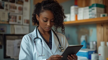 Focused female doctor using tablet in medical office.