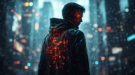 Person standing in a futuristic cityscape with illuminated circuitry details on clothing and skin, looking ahead on a transparent background, PNG image, PNG file.